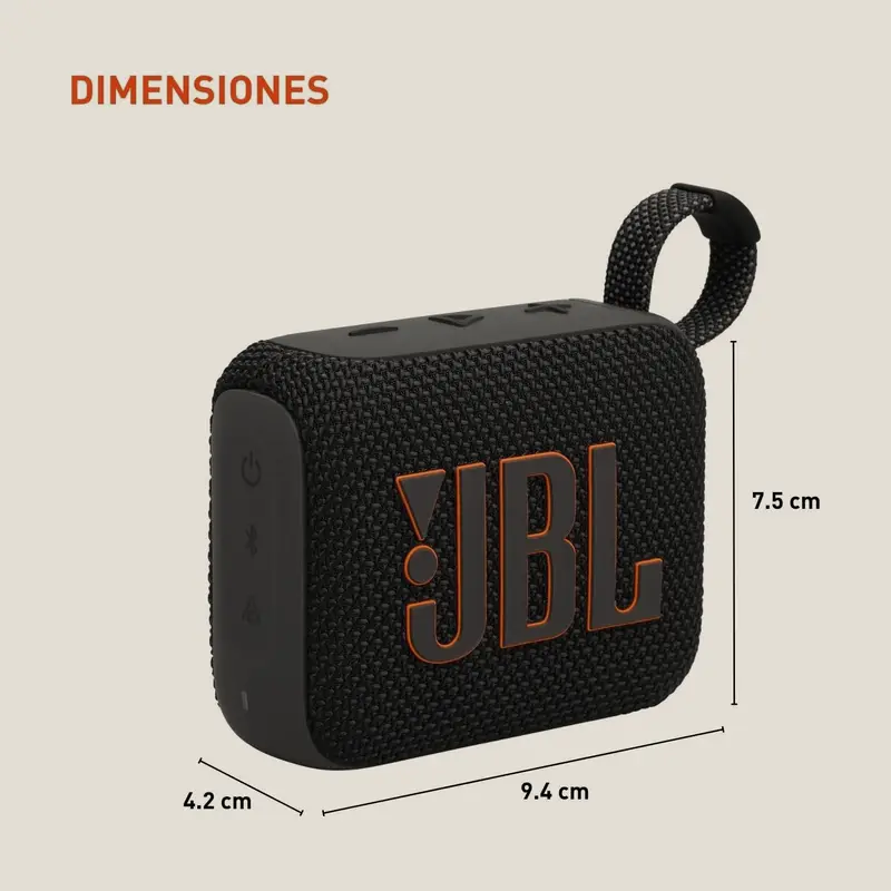 JBL Go 4 · Parlante Bluetooth portátil, color negro — dimensiones 9,4 × 4,2 × 7,5 cm